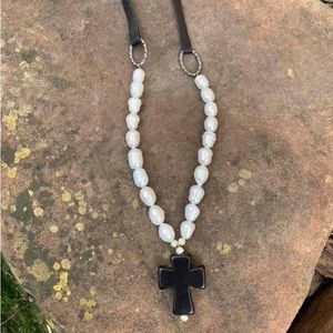 Unique handcrafted black cross and pearl adjustable necklace